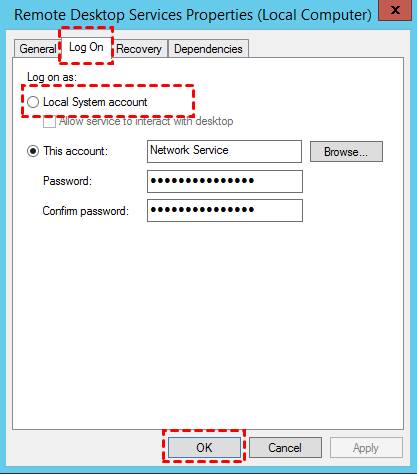 Bỏ chọn Local System account